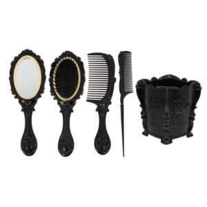 Vintage Makeup Set: Wide Tooth Comb, Round Mirror, Hair Brush with Holder, Detangling Brush, Rat Tail Comb, Hand Mirror, and Womens Wallet