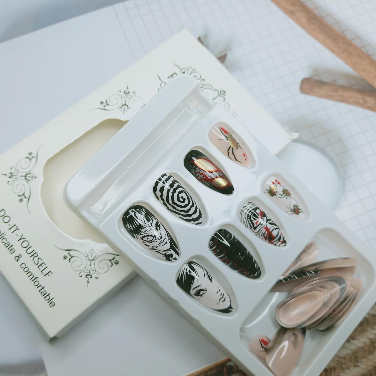 24Pcs Gothic Press on Nails Medium Almond Fake Nails Punk Cartoon Anime Design Black White Full Cover Glue on Nails Horror Gothic Designs French False Nails for Women Girls Acrylic Manicure Decor - Image 4