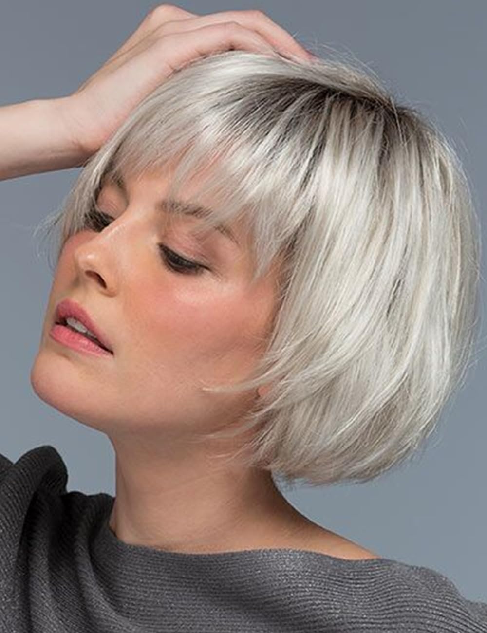 TISHINING Ombre White Blonde Short Bob Wig with Bangs for White Women 10 Inch Chin Length Layered Mixed Blonde Straight Bob Wig with Dark Roots Synthetic Natural Looking Daily Party Wig