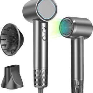 Hair Dryer, 160000 RPM High-Speed Brushless Motor with 500 Million Negative Ions, Professional Ionic Blow Dryer with Magnetic Diffuser & Nozzle,Lightweight for Home Travel Salon(Gray)
