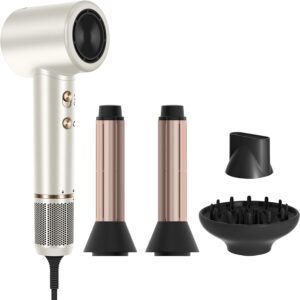 PARWIN PRO BEAUTY Air-Sonic Hair Dryer with Diffuser, HD-LED Display & 110, 000 RPM High Speed Ionic Blow Dryer, 1 1/4 Inch Left & Right Air Auto-Wrap Curlers, Champagne Silver Professional Version