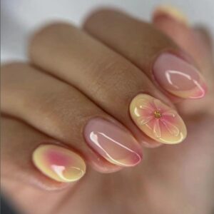 Flower Almond Shaped Press on Nails Summer Short False Nails with 3D Embossed Design Pink Yellow Gradient Fake Nails Glossy Full Cover Acrylic Nails Stick on Nails for Women Nail Decorations 24 Pcs