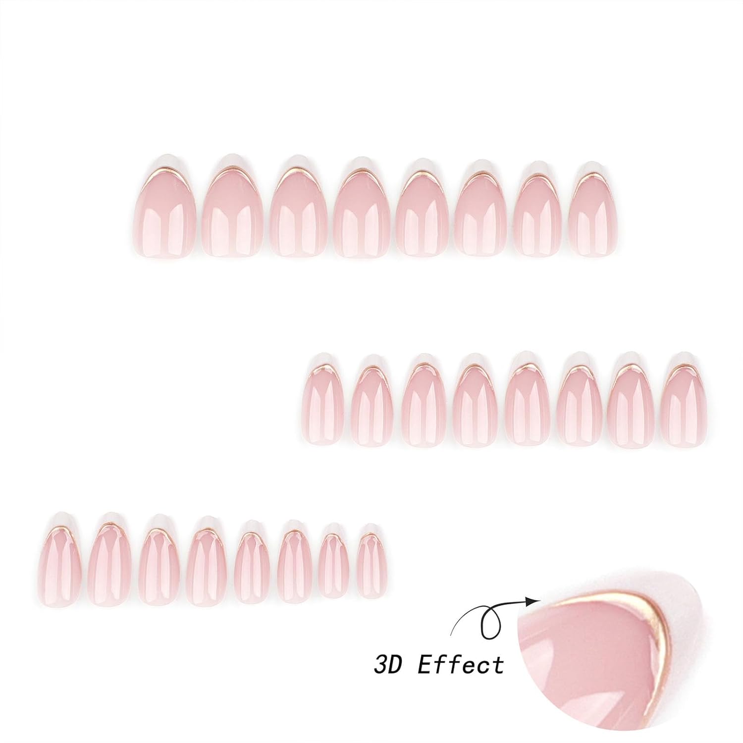 Almond Press on Nails Medium Pink Fake Nails with 3D Gold Stripes Designs White French Tips Fall Nails Press ons Winter False Nails Acrylic Glue on Nails Glossy Stick on Nails for Women 24 Pcs - Image 2