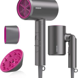 Diffuser Hair Dryer, 1875W Fast Drying, Foldable Travel Design, Turbo Blow Dryer with Diffuser and Concentrator Nozzle, Compact & Powerful Ionic Hairdryer, 3 Temps & 2 Speeds Lightweight, Gray