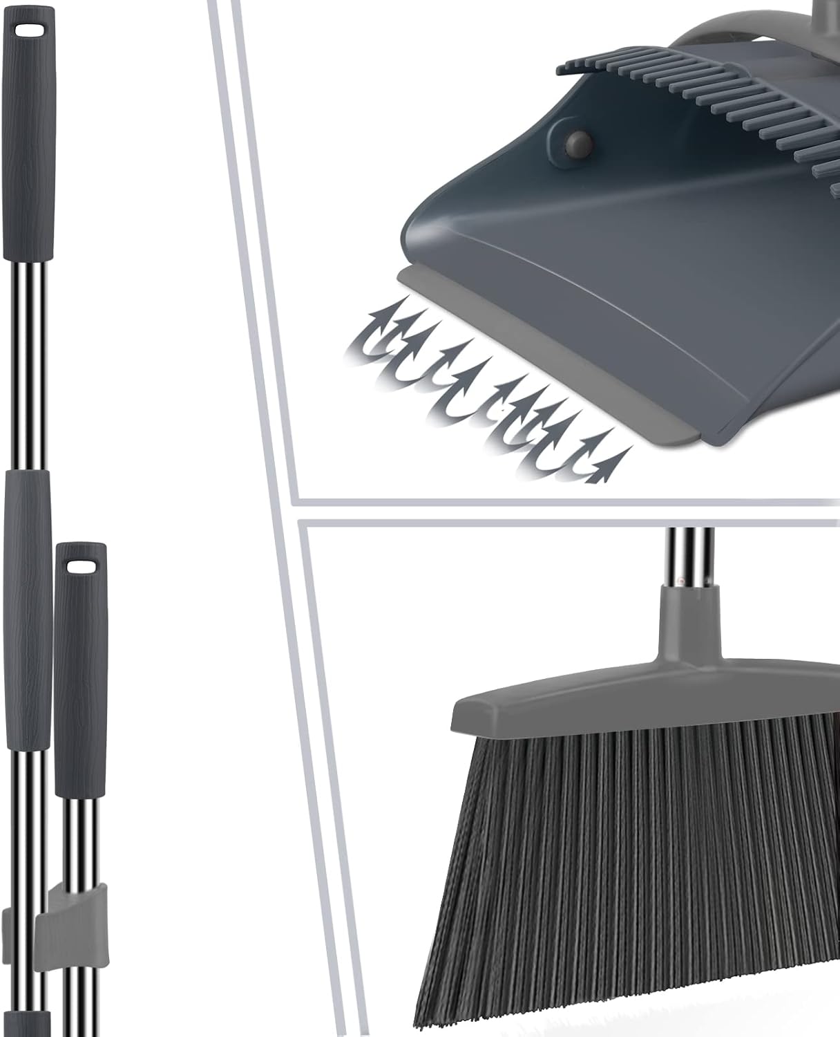 Broom and Dustpan Set, Dust pan with Long Handle, Broom with Dustpan Combo Set, Broom and Dustpan for Home, Indoor or Outdoor Cleaning Tool (Deep Gray&Light Gray) - Image 3