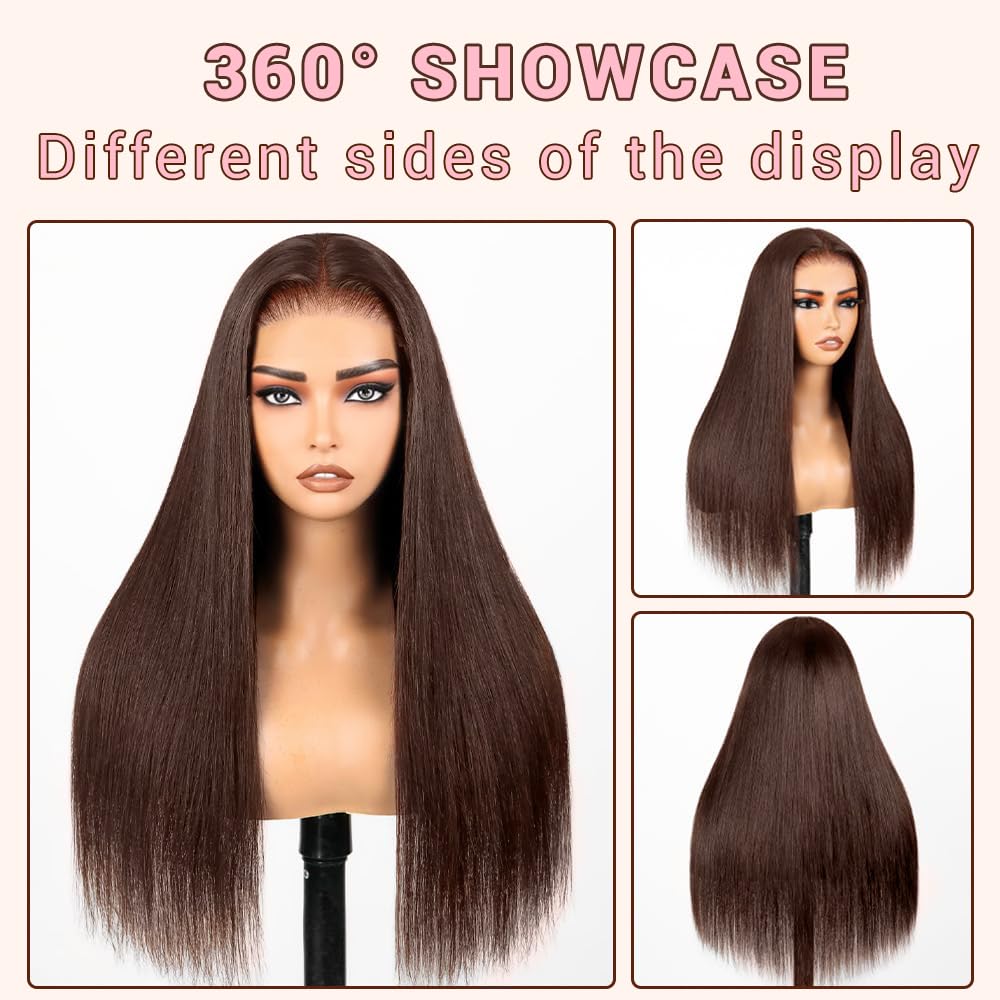 26 Inch Chocolate Brown Lace Front Wig Human Hair 220 Density 9x6 HD Lace Brown Wear and Go Glueless Wigs Pre Plucked Pre Cut Dark Brown Wig Human Hair Straight Glueless Wig for Women - Image 5