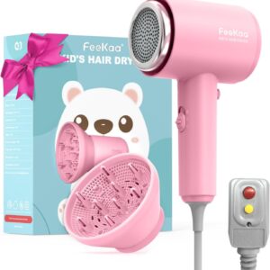 Feekaa Kids Hair Dryer, Portable Mini Blow Dryer with Diffuser, Quiet Small Hair Dryer for Children, Compact Kids Hairdryer with DIY Stickers Lightweight, Boy & Girl Birthday Gift, Pink