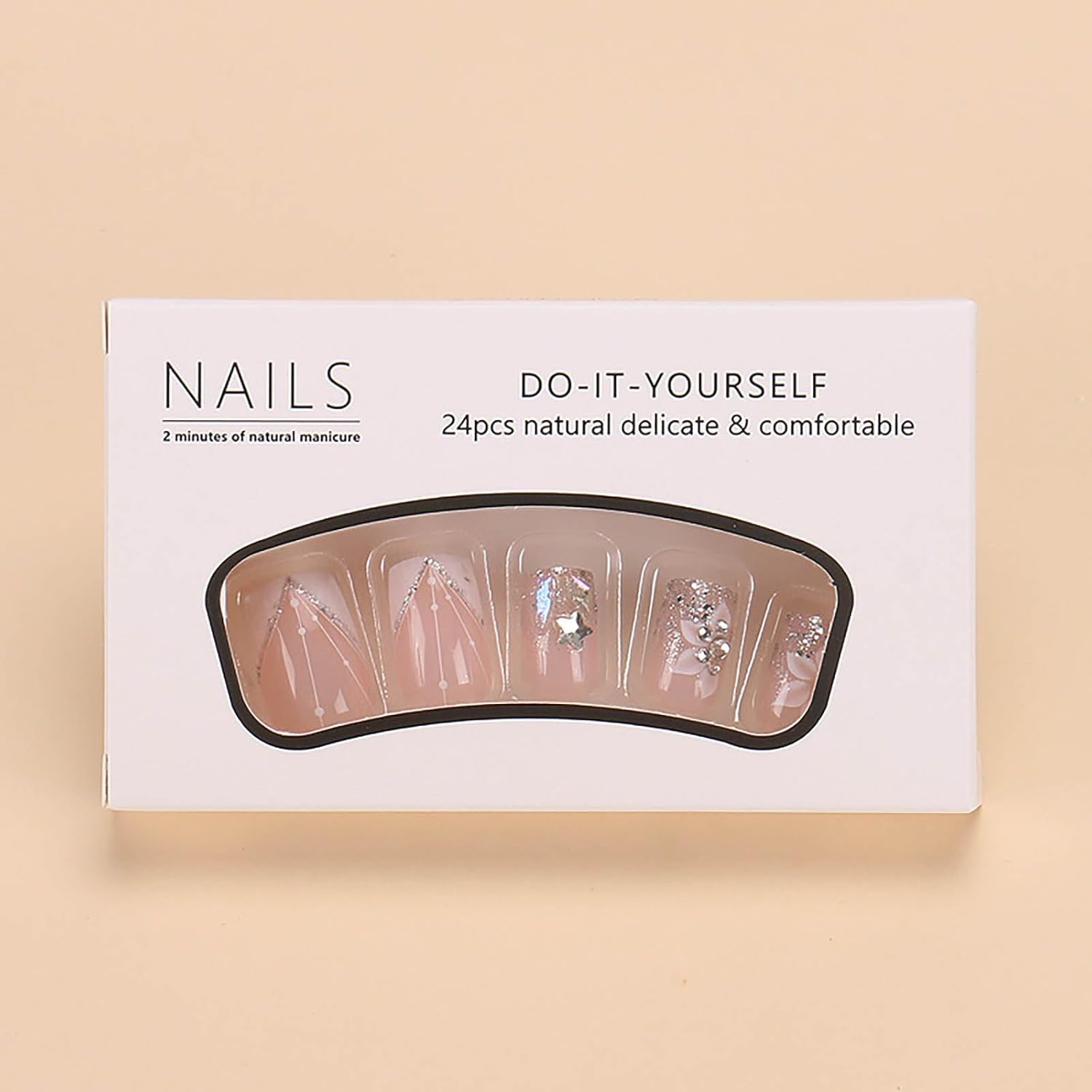 Square Press-on Nails - White French Tip Fake Nails with Glitter Designs, Medium Length, 24pcs - Image 2