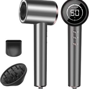 Hair Dryer with Diffuser, 150000RPM Professional High-Speed Negative Ionic Care Blow Dryer, Heat-Control, Fast Drying, Low Noise with Magnetic Diffuser and Nozzle for Women & Men, HD Display (Gray)