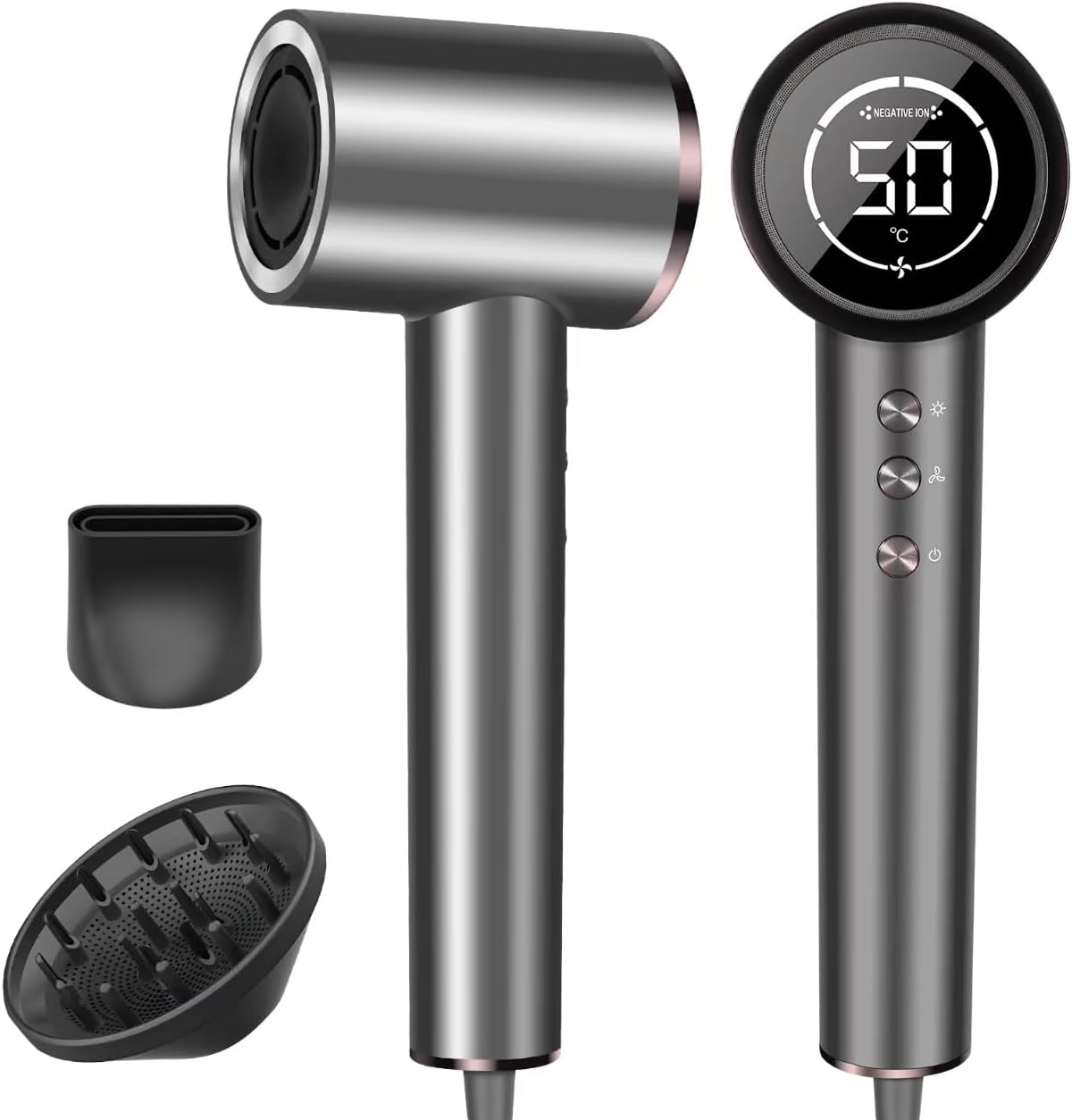 Hair Dryer with Diffuser, 150000RPM Professional High-Speed Negative Ionic Care Blow Dryer, Heat-Control, Fast Drying, Low Noise with Magnetic Diffuser and Nozzle for Women & Men, HD Display (Gray)