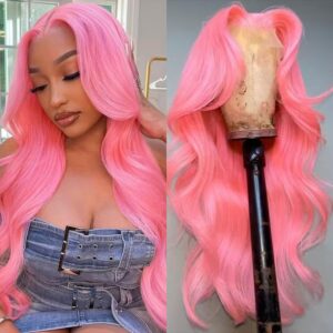 Pink Lace Front Wig Human Hair 13x4 Pink Wig Body Wave Lace Front Wigs Human Hair Pre Plucked Colored 12A 200 Density HD Lace Frontal Wig Human Hair With Baby Hair 22 Inch