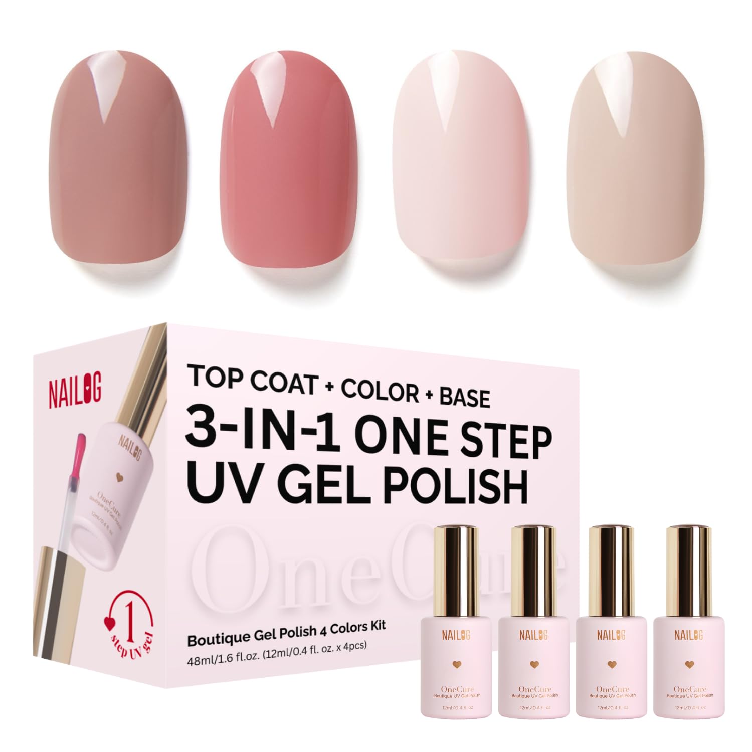 NAILOG Gel Nail Polish Set - 4 Colors Top Coat Color Gel Base 3-In-1 Soak Off UV Gel Polish Kit for Home DIY & Birthday Gifts for Women | Reddish Grey, Dusty Rose, Beige Pink, Almond