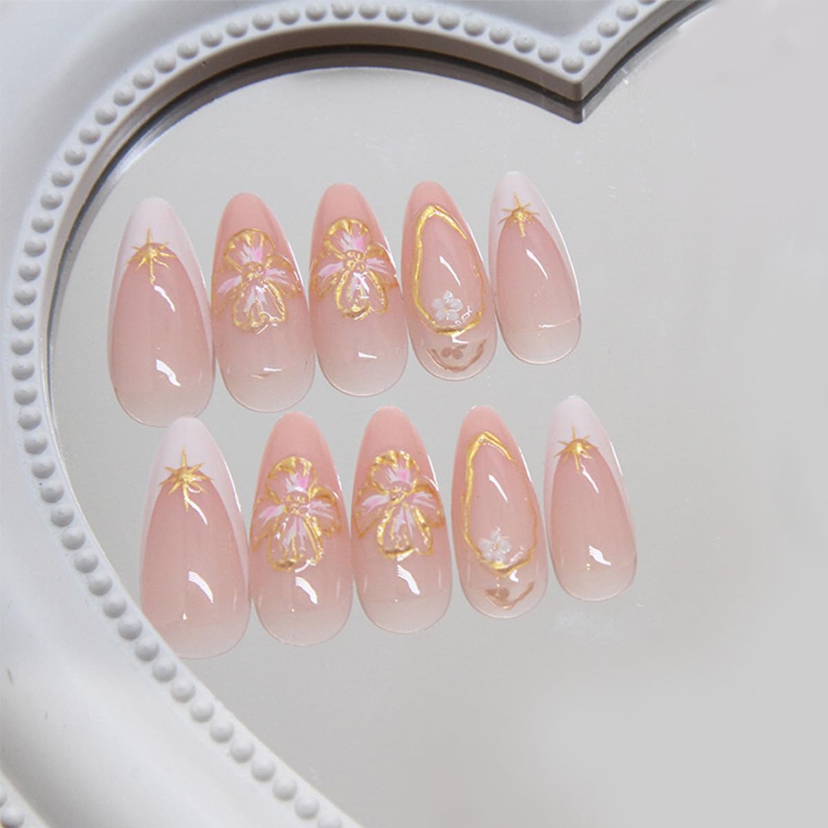 Gold Flower Press on Nails Almond Medium NEWSPIED Fake Nails French Tips Nails Press on Acrylic False Nails with Chrome Gold Line Star Designs Glossy Pink Glue on Nails for Women DIY Manicure 24Pcs - Image 4