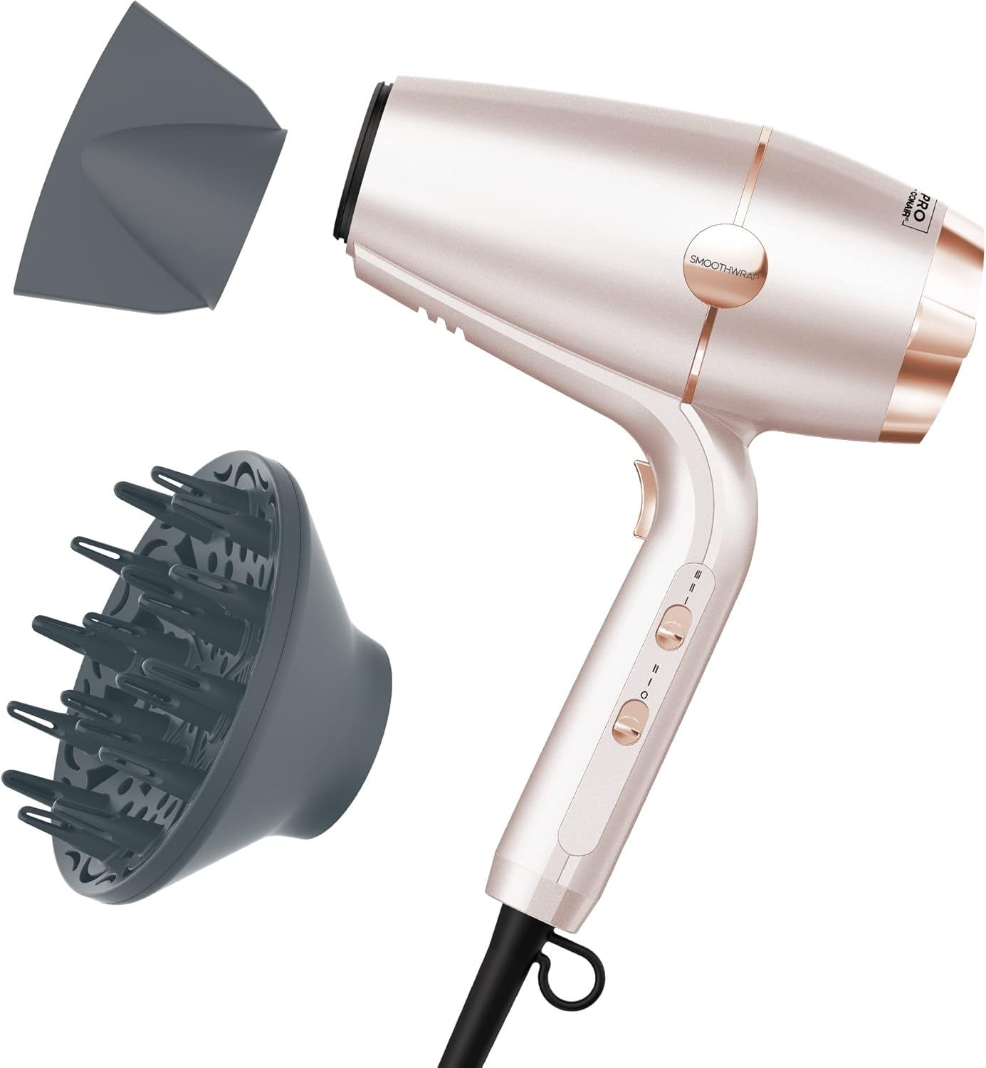 INFINITIPRO BY CONAIR SmoothWrap Hair Dryer with Diffuser | Blow Dryer for Less Frizz, More Volume and Body | With Advanced Plasma and Ceramic Technology | Pink Champagne