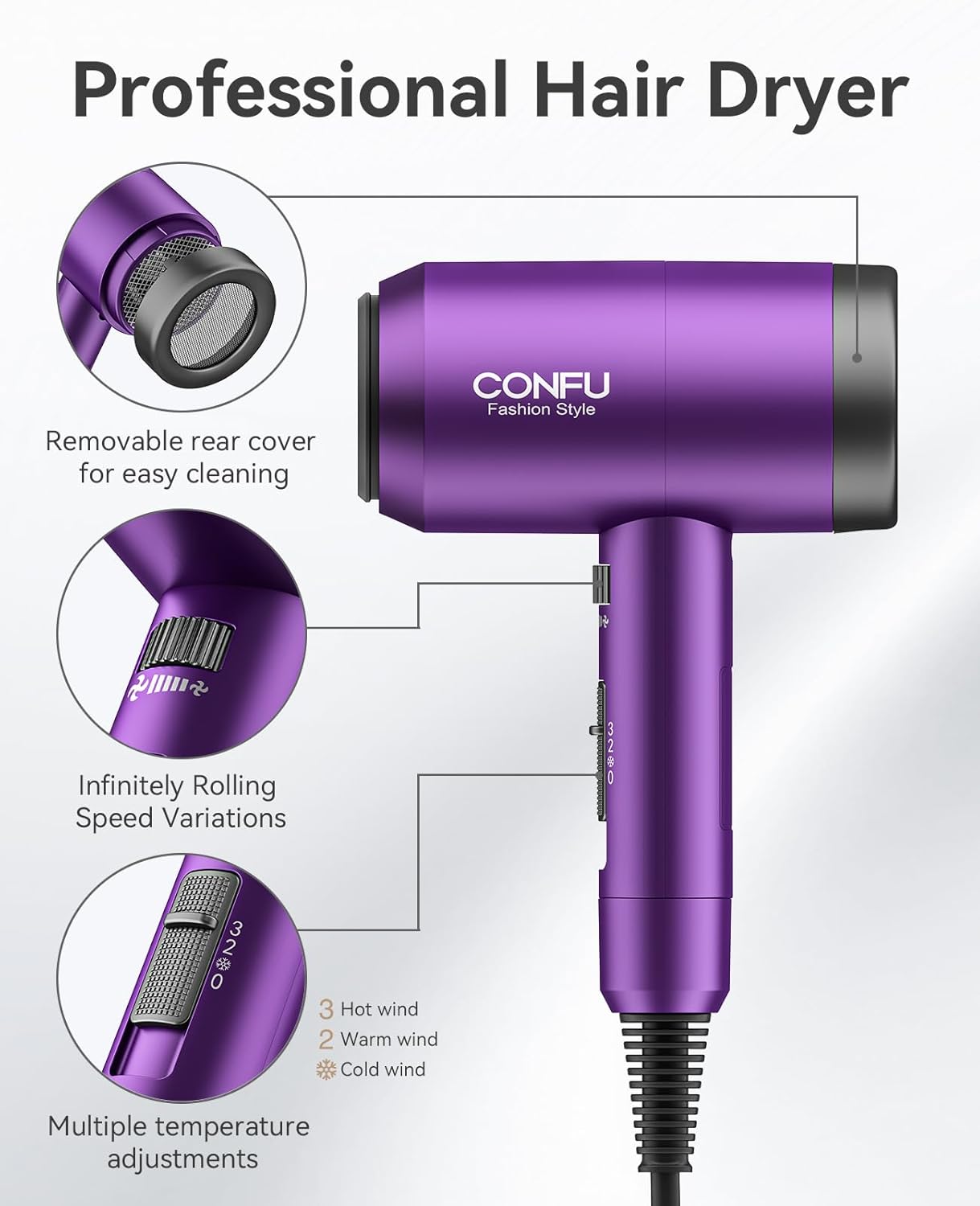 Hair Dryer with Diffuser, CONFU Ionic Blow Dryer 1600W, Portable Lightweight Fast Drying Negative Ion Hairdryer, 3 Heat Settings with Diffuser and Concentrator Nozzle for Home & Travel - Image 6