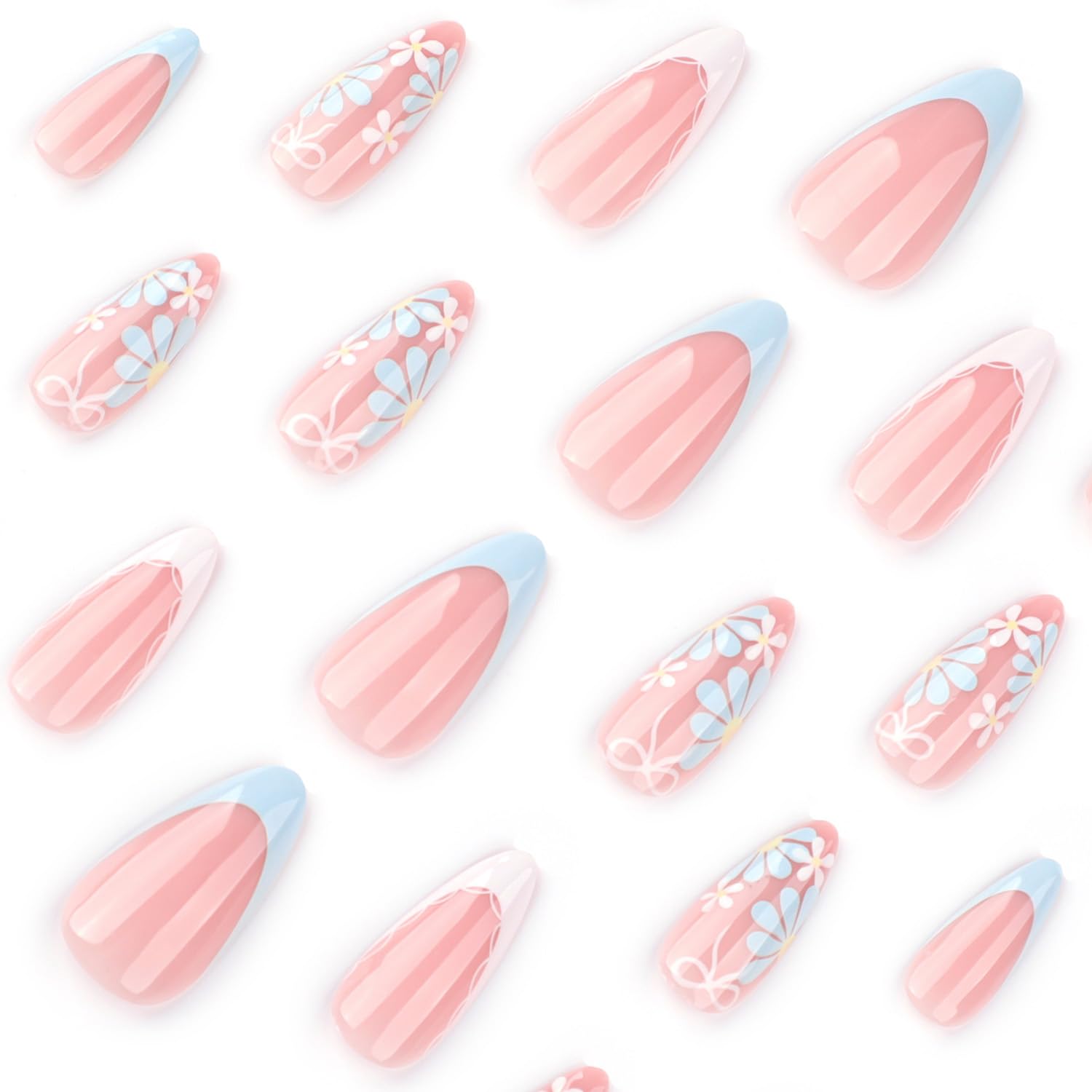 Flower Fake Nails Almond Daisy Press on Nails, White Blue French Tip Press on Nails Full Cover Glossy False Nails with Designs Spring Summer Acrylic Nails for Women DIY Manicure Decorations - Image 3