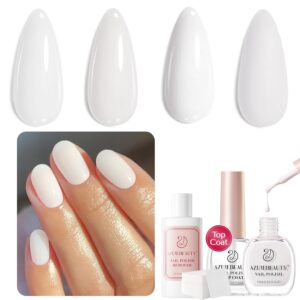 AZUREBEAUTY Nail Polish Set, Milk White Clear Quick Dry Complete Starter Natural Nail Lacquer Strengthening Treatment Kit with Top Coat, 50Pcs Nail Remover Cotton Pad