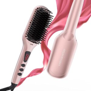Updated 2025 MEGAWISE Hair Straightener Ceramic Brush ; Anti-Scald Dual Voltage Flat Iron Hot Brush | Rotatable Cord |Auto Shutoff | Anti-frizz |for All Hair Types (Pink)