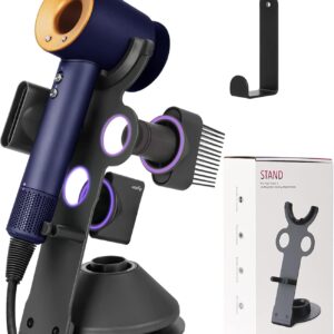 Dyson Hair Dryer Holder Stand - Upgraded Black Stand Stores 5 Attachments with Cable Hook