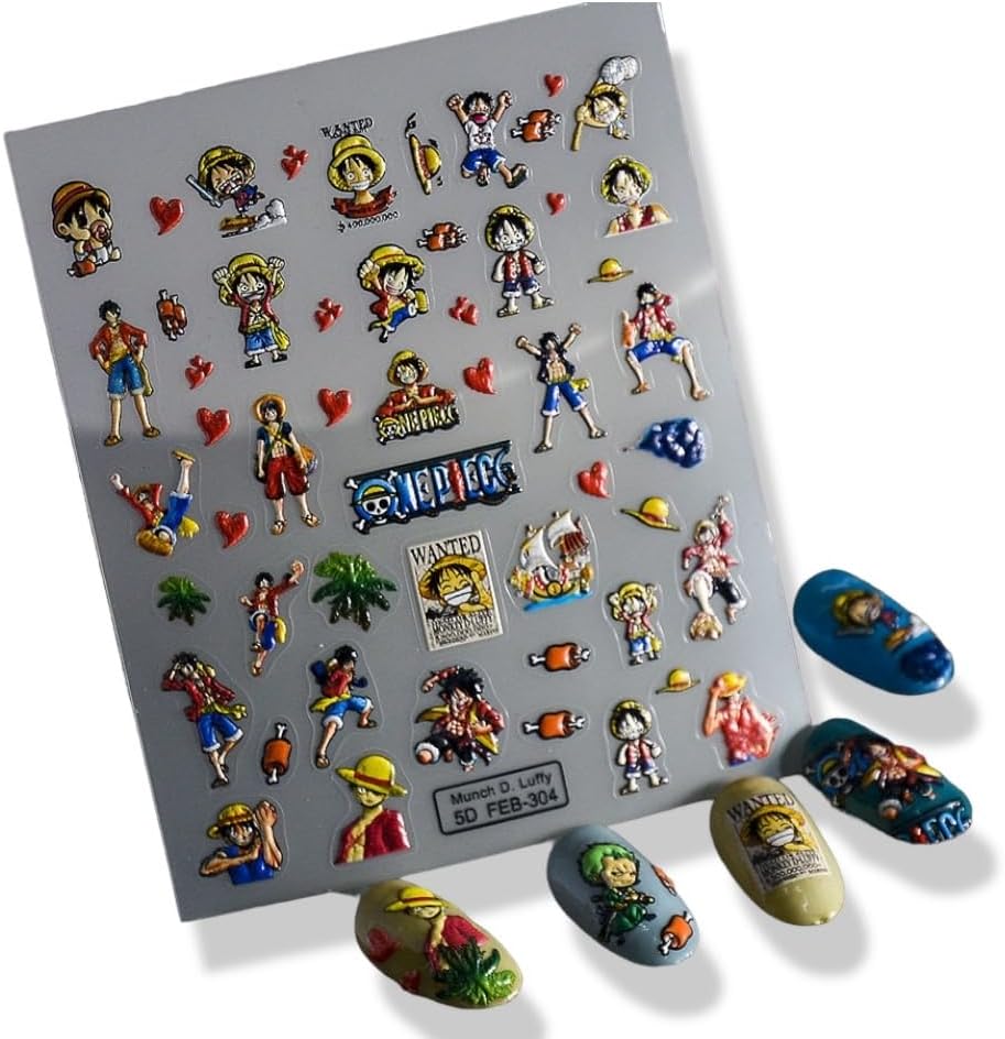 ONE Piece Nail SSTICKER 3D Anime Nail Sticker ONE Piece Nail DECALEmbossed Nail Art Stickers Decals Self Adhesive Nail Sticker Kawaii Design Anime Nail Stickers for Women, Girls, Kids, Gift (Monkey)