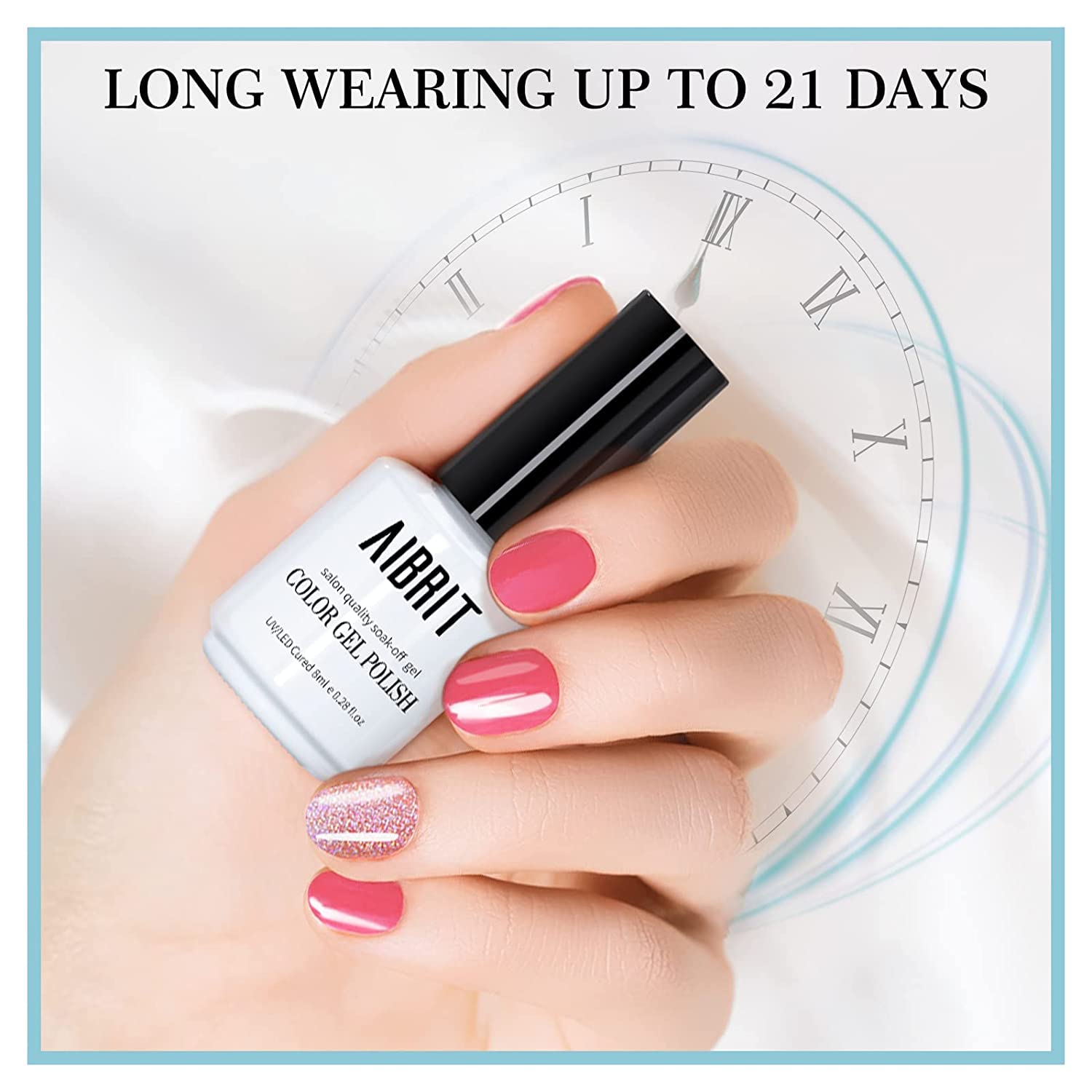 AIBRIT Gel Nail Polish Kit 24 Pack with Gel Strengthener Coat, Base Coat and No Wipe Glossy & Matte Top Coat, Spring Summer Pastel Pink Green Blue Yellow Glitters Nail Polish, Soak Off UV LED Gel Polish, 7 Colors Gel Gems and 3 Nail Atr Brushes for Manicure, 8ml/0.28fl oz - Image 3