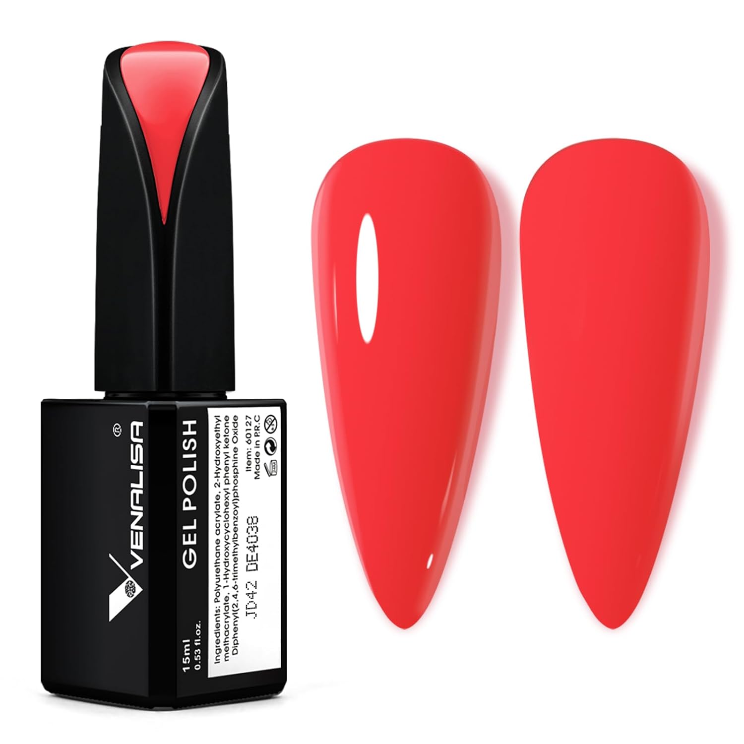 VENALISA 15ml Bright Orange Red Gel Nail Polish, Neon Red Orange Gel Polish Color Soak Off UV LED Nail Gel Polish Nail Art Starter Manicure Salon DIY at Home, 0.53 OZ