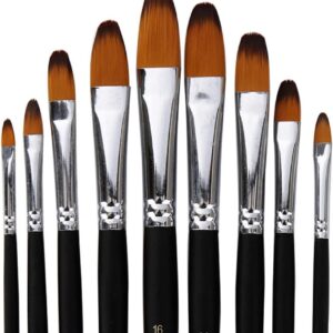 Artist Paint Brushes Set,9 Pcs Professional Filbert Brushes for Acrylic Oil Watercolor Gouache Painting Kits with Long Handle Nylon Hair Black