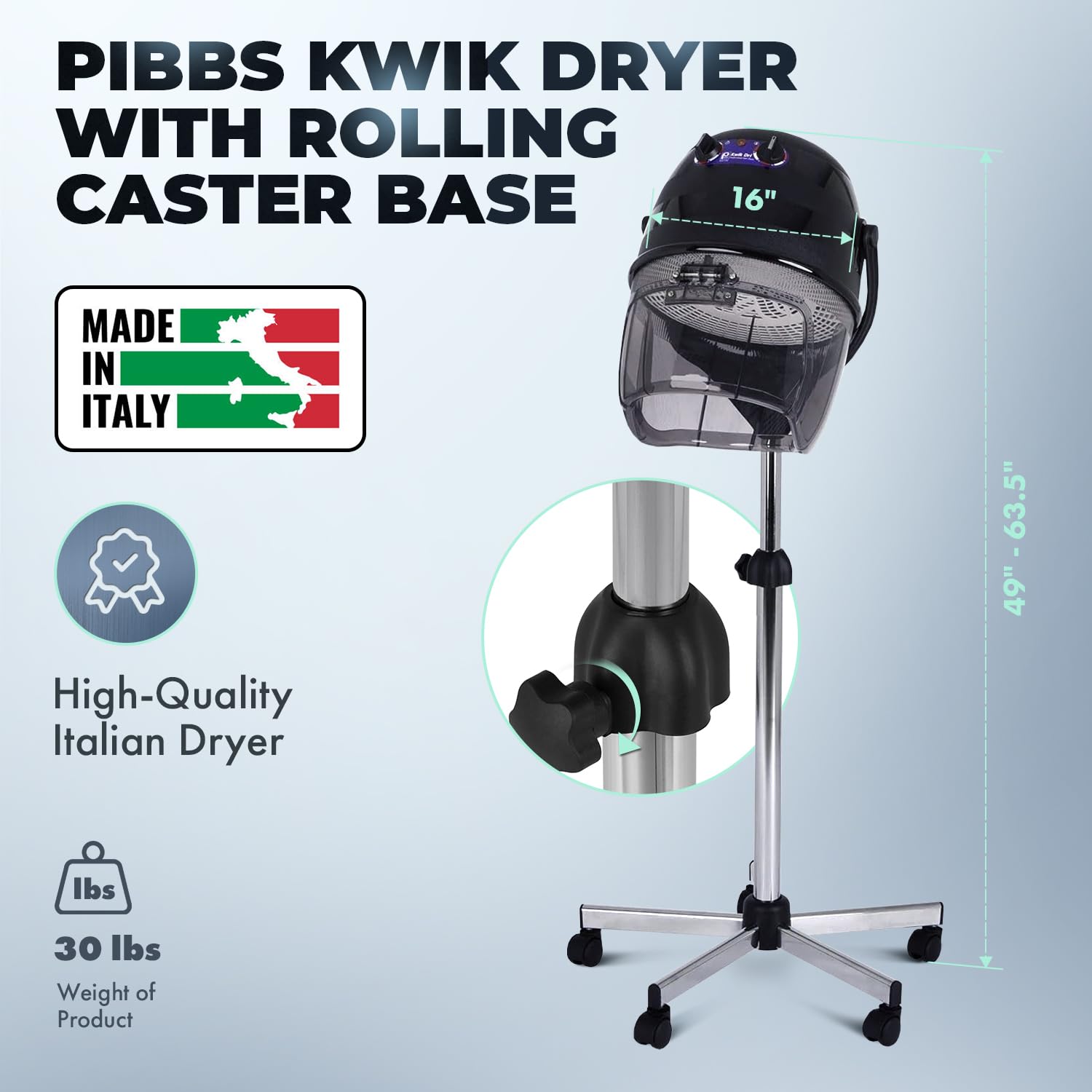 Kwik Dryer with Rolling Caster Base, 1100-Watt Salon Hair Dryer, Adjustable Height and Head, Flip Top Visor, Made in Italy, PIB-514 - Image 2
