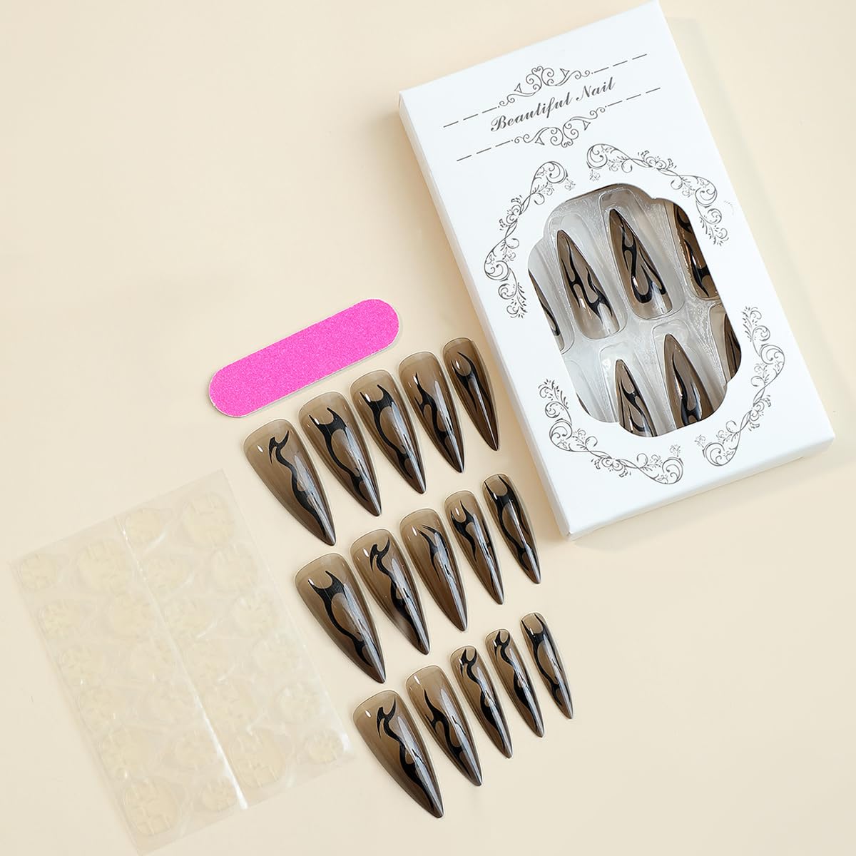 Stiletto Press on Nails Medium Long Black Brown Fake Nails Gothic Goth Witchy Glue on Nails Acrylic Gel Stick on Nails For Women False Nails Fantasy Wedding Birthday - Image 2