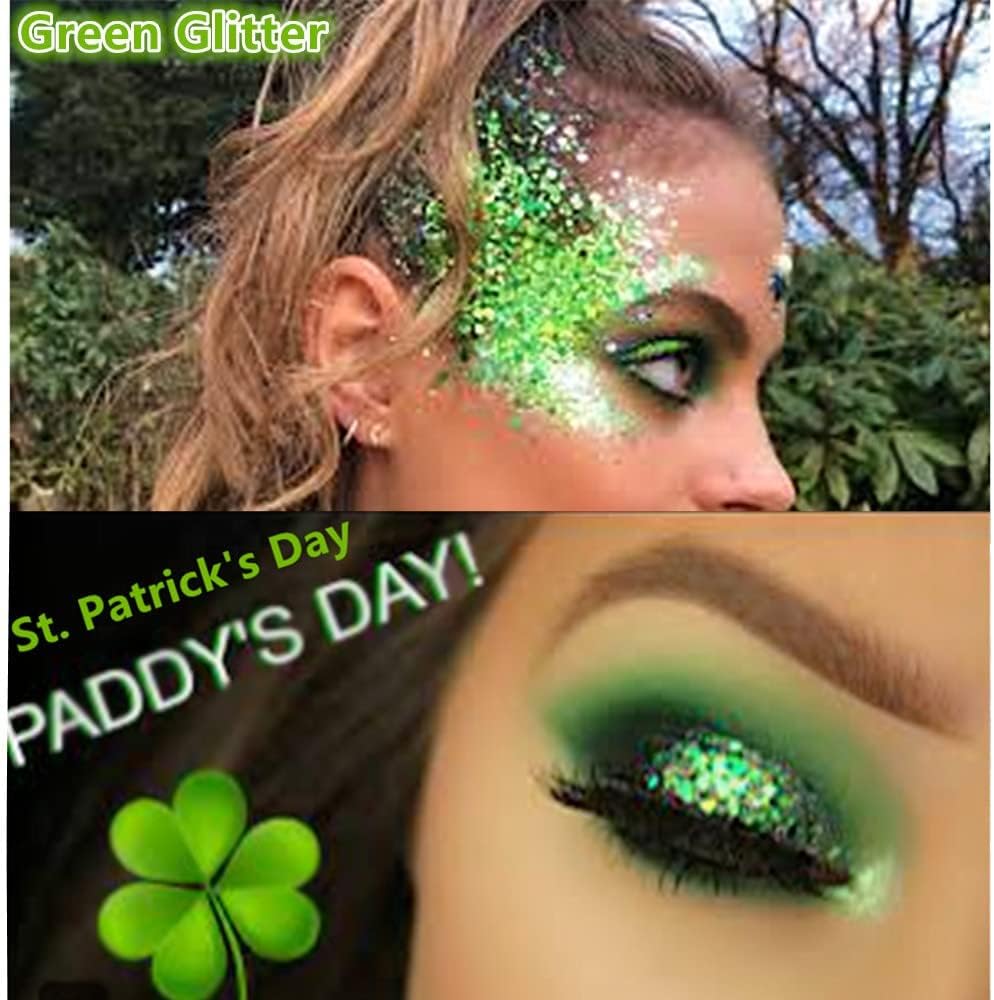 Go Ho Green Face Body Glitter,St Patricks Day Face Glitter Makeup,Green Face Paint Holographic Chunky Sequins Glitters for Eye Lip Hair Nails,Festival Rave Accessories,52g - Image 4