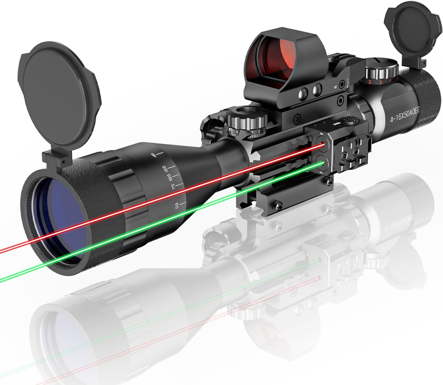 4-16x50AO Rifle Scope Combo Red/Green Dual Illuminated with Green Laser 4 Holographic Reticle Red Dot 5Modes Flashlight for Rail Mount