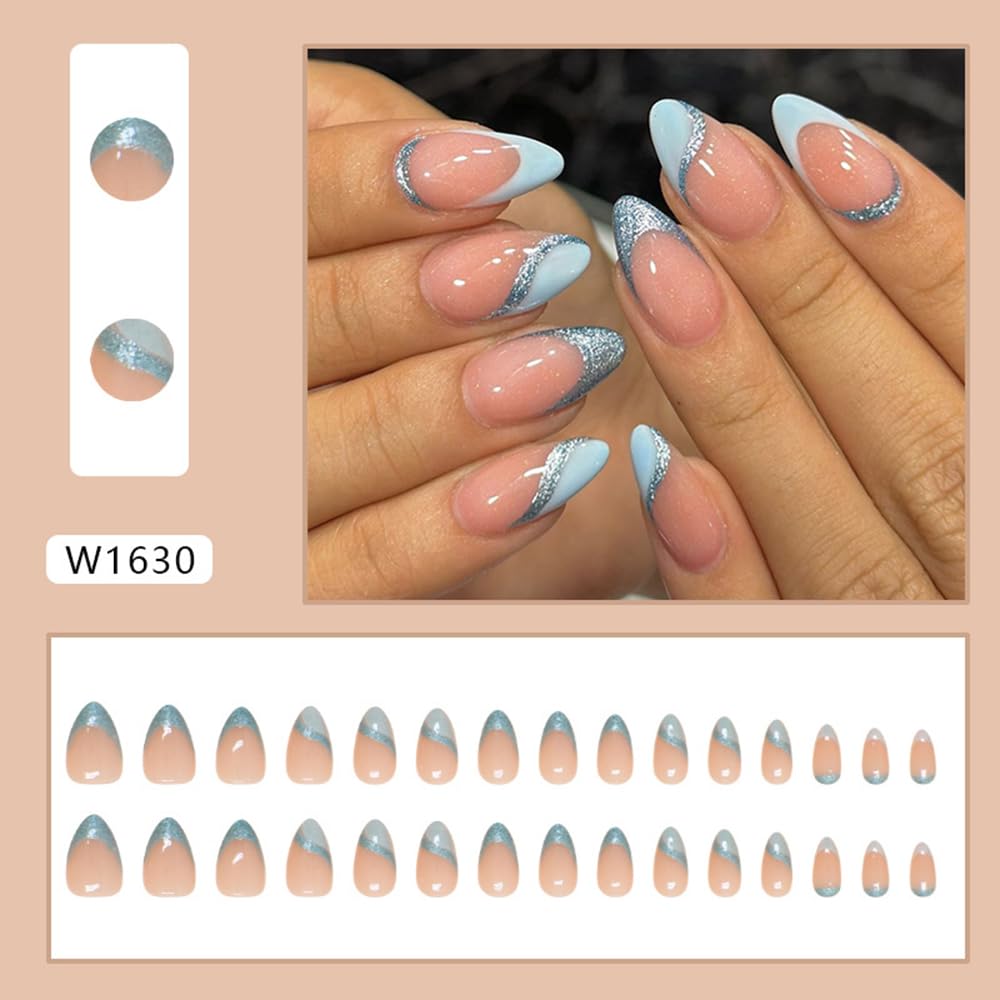 Light Blue French Tip Press on Nails Medium Almond - QUNQINLI Fake Nails Nude Pink False Nails Press ons with Glitter Curve Design Full Cover Nail Tips Acrylic Nail Art Kit for Women Girls 30 Pcs - Image 2