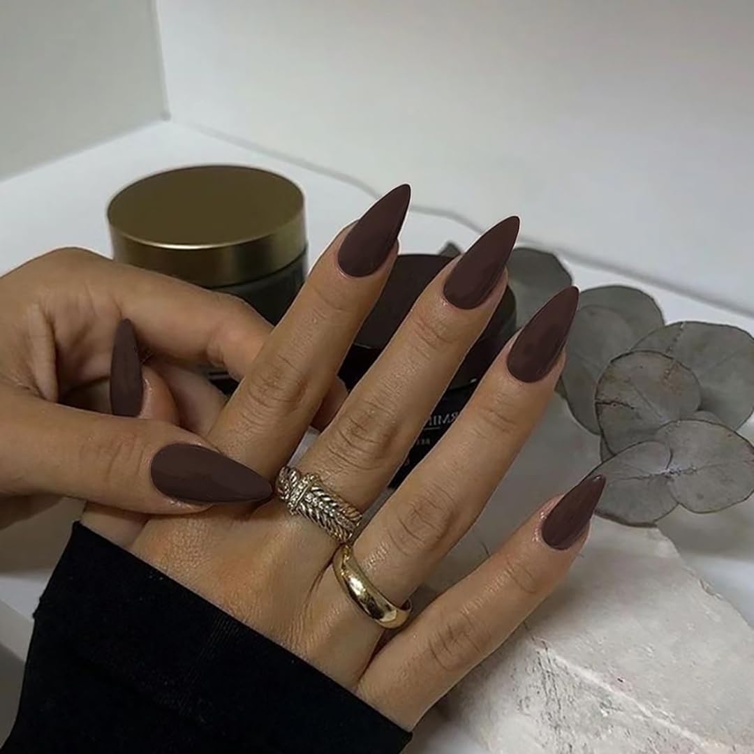 KQueenest Dark Brown Fall Medium Almond Matte Stiletto Press on Nails 24 Pcs - Image 2
