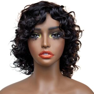 12inch short water wave wig with bangs glueless wear and go, 100% human hair wigs for black women, machine made, no lace, light and comfortable (wavy/natural black, 12 inches)