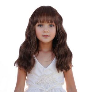 Mixed Brown Wig for Child Short Chocolate Brown Wig with Air Bangs for Girls Short Brown Wavy Curly Wig for Kids Heat Resistant Synthetic Wig with Wig Cap