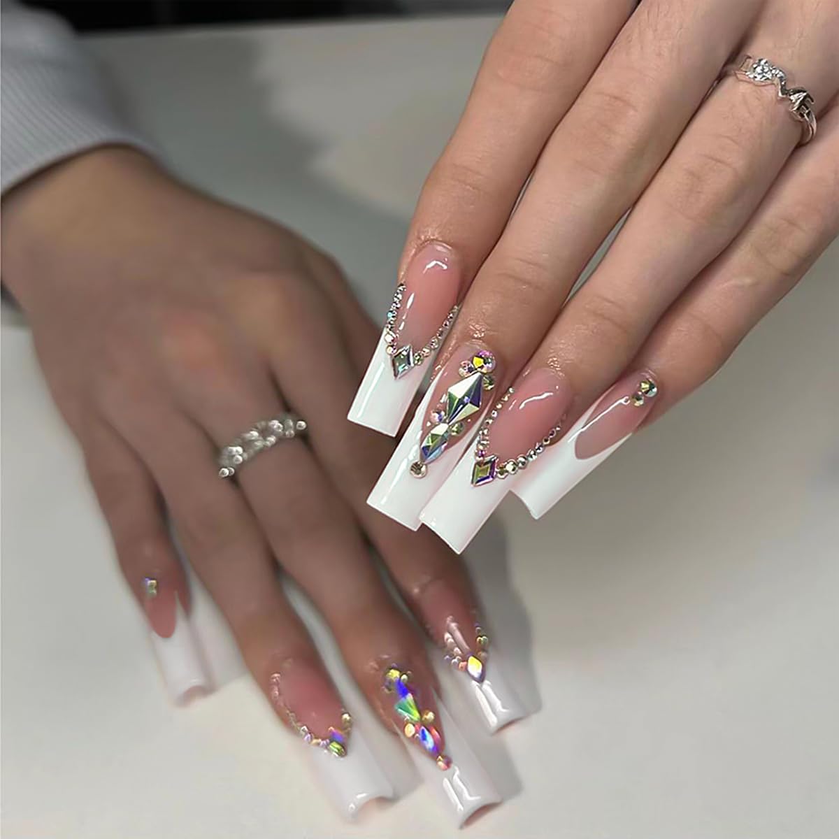 24 Pcs Bling Long Coffin Press on Nails Glitter Rhinestones Fake Nails Acrylic Ballerina French White Luxurious Sparkle Gem Glue on Nails Design False Nails for Women and Girls