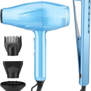 Flat Iron and Blow Bryer Set, 2200W AC Motor Fast Drying Low Noise Ionic Hair Dryer with Diffuser Nozzle Concentrator Comb for Women Curly Straight Hair, Titanium Hair Straightener and Curler 2 in1