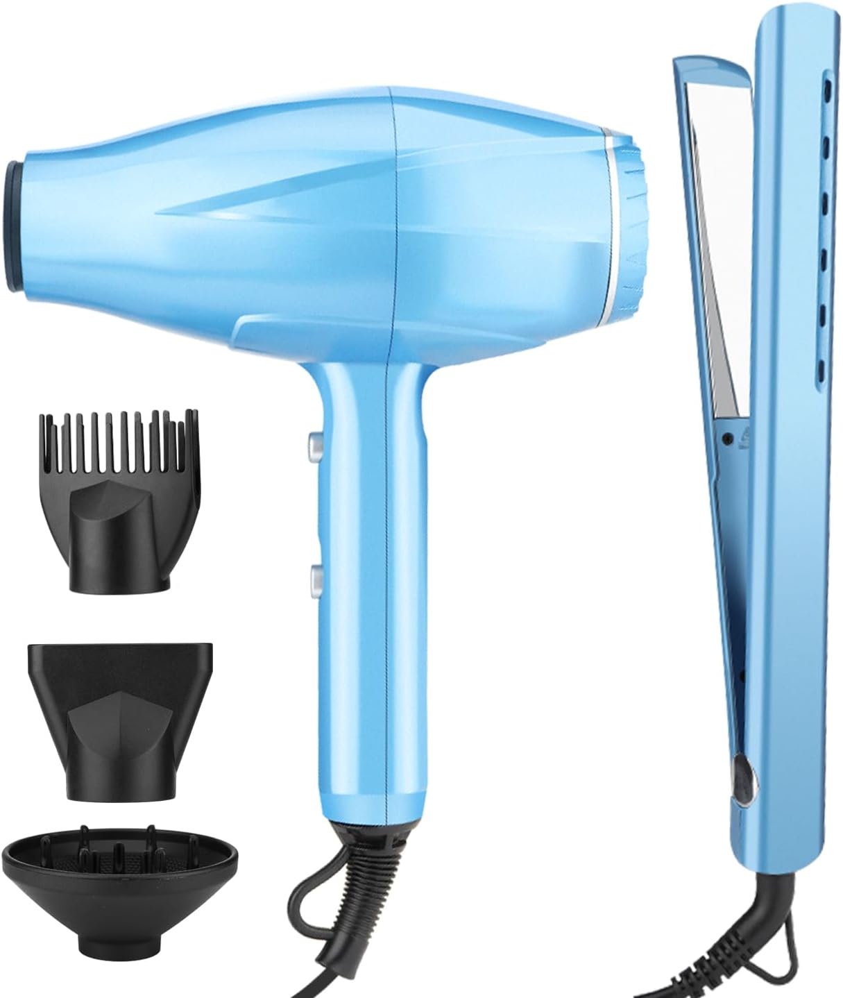 Flat Iron and Blow Bryer Set, 2200W AC Motor Fast Drying Low Noise Ionic Hair Dryer with Diffuser Nozzle Concentrator Comb for Women Curly Straight Hair, Titanium Hair Straightener and Curler 2 in1