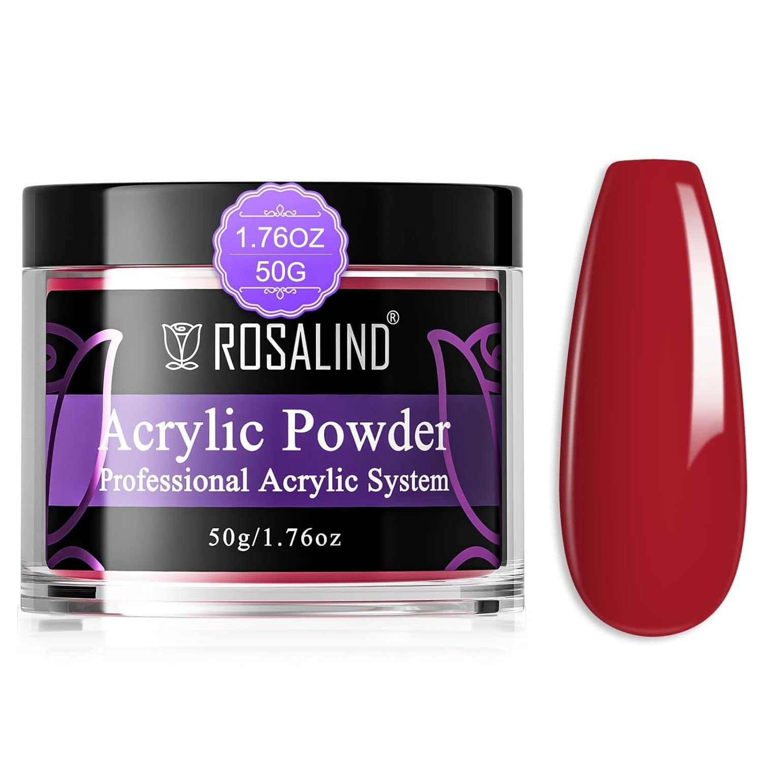 ROSALIND Red Acrylic Nail Powder 50g/1.76oz Acrylic Red Powder for Nail Acrylic Extension, Professional Crystal Polymer Nail Powder Caving, Dry Naturally No Nail Lamp Needed