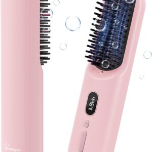 Cordless Hair Straightener Brush with 200 Million Anion, Portable Comb for Travel with LCD Display, 2 Clips - Pink