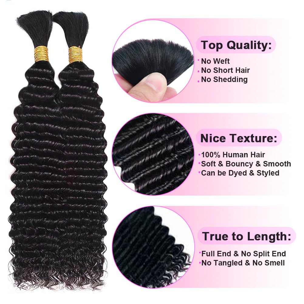 Human Braiding Hair for Boho Braids Curly Boho Hair for Braiding Knotless Deep Wave Bulk Bohemian 100% Human Hair for Micro Braiding Wet and Wavy No Weft 2 Bundles Natural Color 18 Inch - Image 3