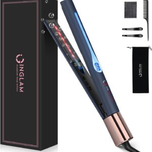 IG INGLAM Titanium Flat Iron Hair Straightener, 1 Inch Curling Iron, Infrared Negative Ionic Hair Straightener 11 Adjust Temp 250°F-450°F, Shiny Hair Dual Voltage 110-240V, Gift, Prussian Blue