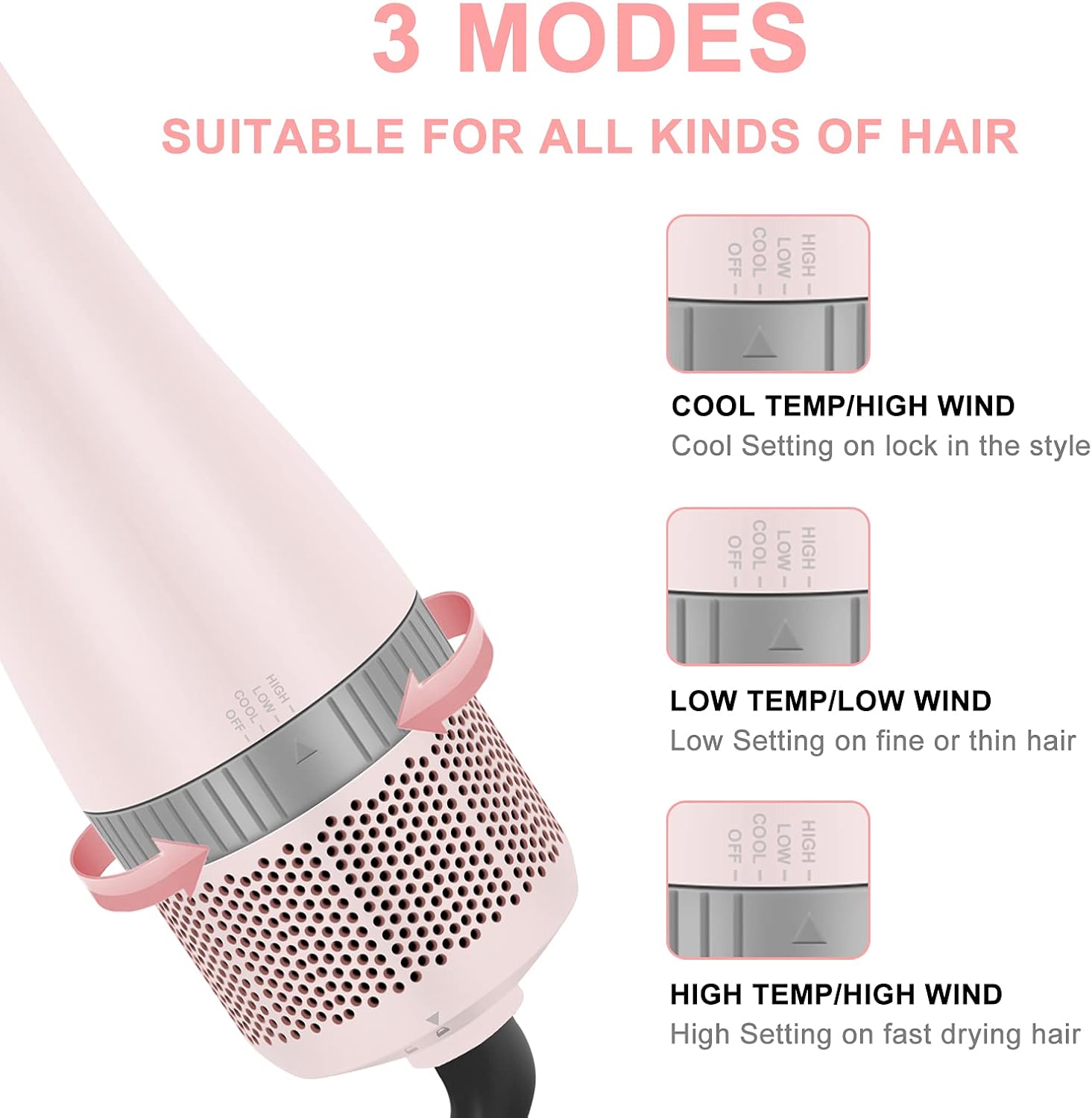 IG INGLAM 4 in 1 Blowout Hair Dryer Brush Set - Negative Ion Detachable Hair Dryer, Volumizer Styler with 2 Brush Heads, Pink - Image 4