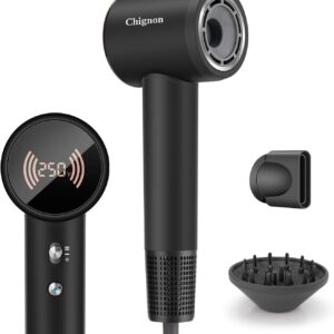 Chignon Ionic Hair Dryer with Diffuser - 110,000 RPM Brushless Motor, Smart Temperature Display & Magnetic Attachments, Low Noise 110V for Fast Professional Styling (Black)