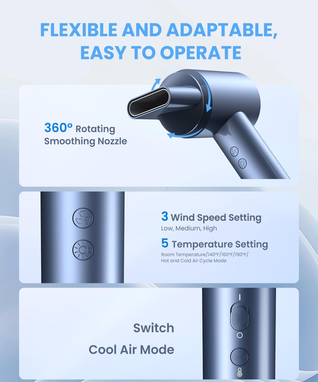 Hair Dryer, Ionic Blow Dryer, Professional High-Speed Hairdryer with 150,000 RPM Motor for Fast Drying, 5 Temps/3 Speeds Lightweight Hairdryer with Magnetic Nozzle for Home Travel Women Man - Image 6