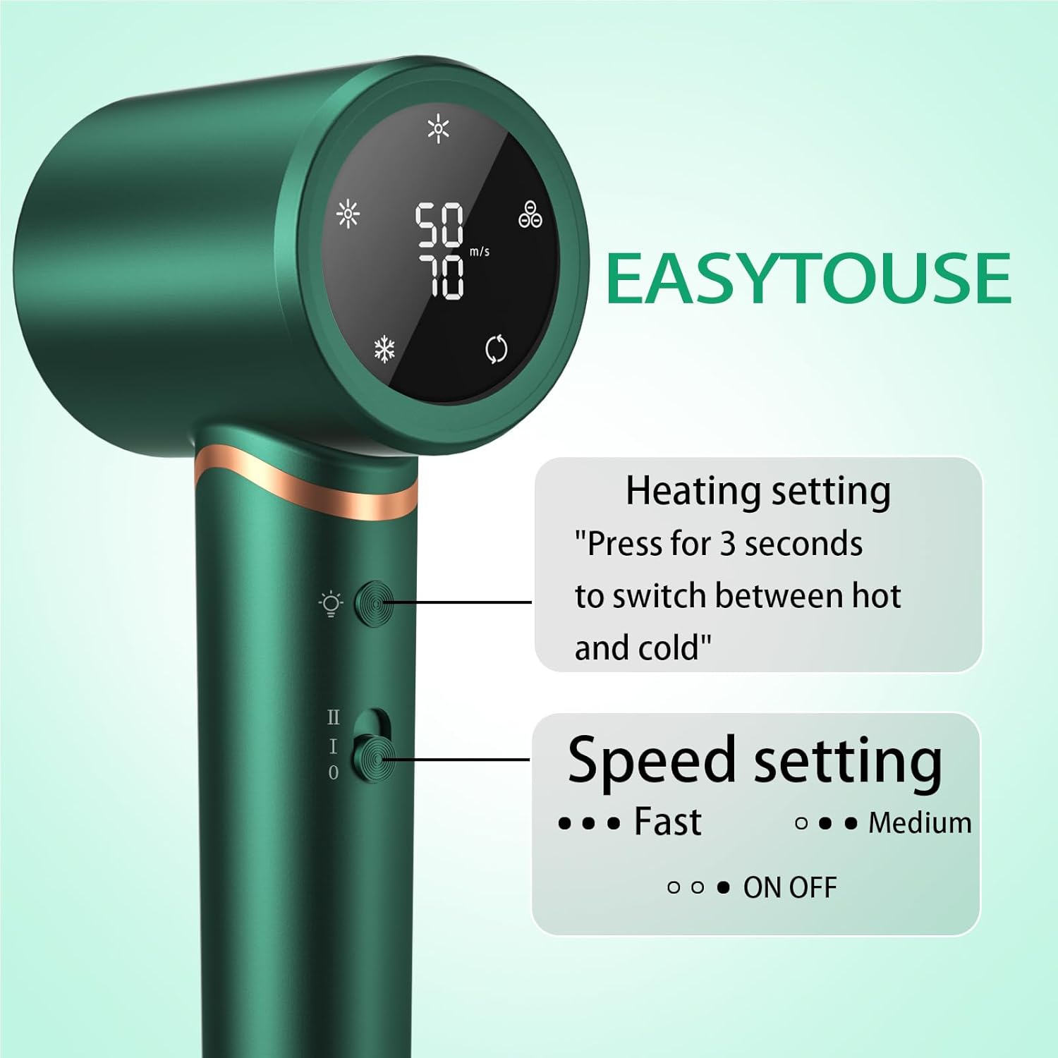 Hair Dryer - 110000 RPM High-Speed Brushless Motor Negative Ionic Blow Dryer for Fast Drying, Low Noise Thermo-Control Hair-Dryer-2 Speed ββand 3 Heat Settings, Cold Air Button with 1 Diffuser-Green - Image 3