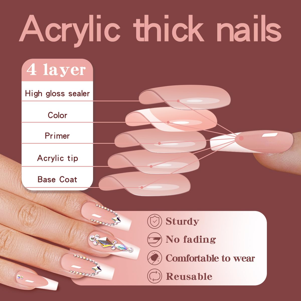 24 Pcs Bling Long Coffin Press on Nails Glitter Rhinestones Fake Nails Acrylic Ballerina French White Luxurious Sparkle Gem Glue on Nails Design False Nails for Women and Girls - Image 2