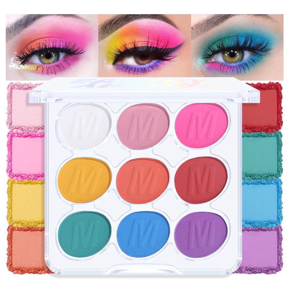 9 Colors Eyeshadow Palette Makeup, Multicolor Pop Eyeshadow Palette, Blendable Matte Shimmer, White Pink Rose Pink Yellow Orange Red Green Blue Purple Palette Eye Shadow, Long-lasting waterproof 2#