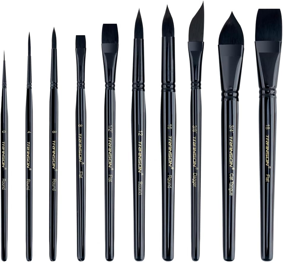 Transon 10pcs Natural Watercolor Paint Brush Set Professional for Watercolor Acrylic Ink Gouache Tempera