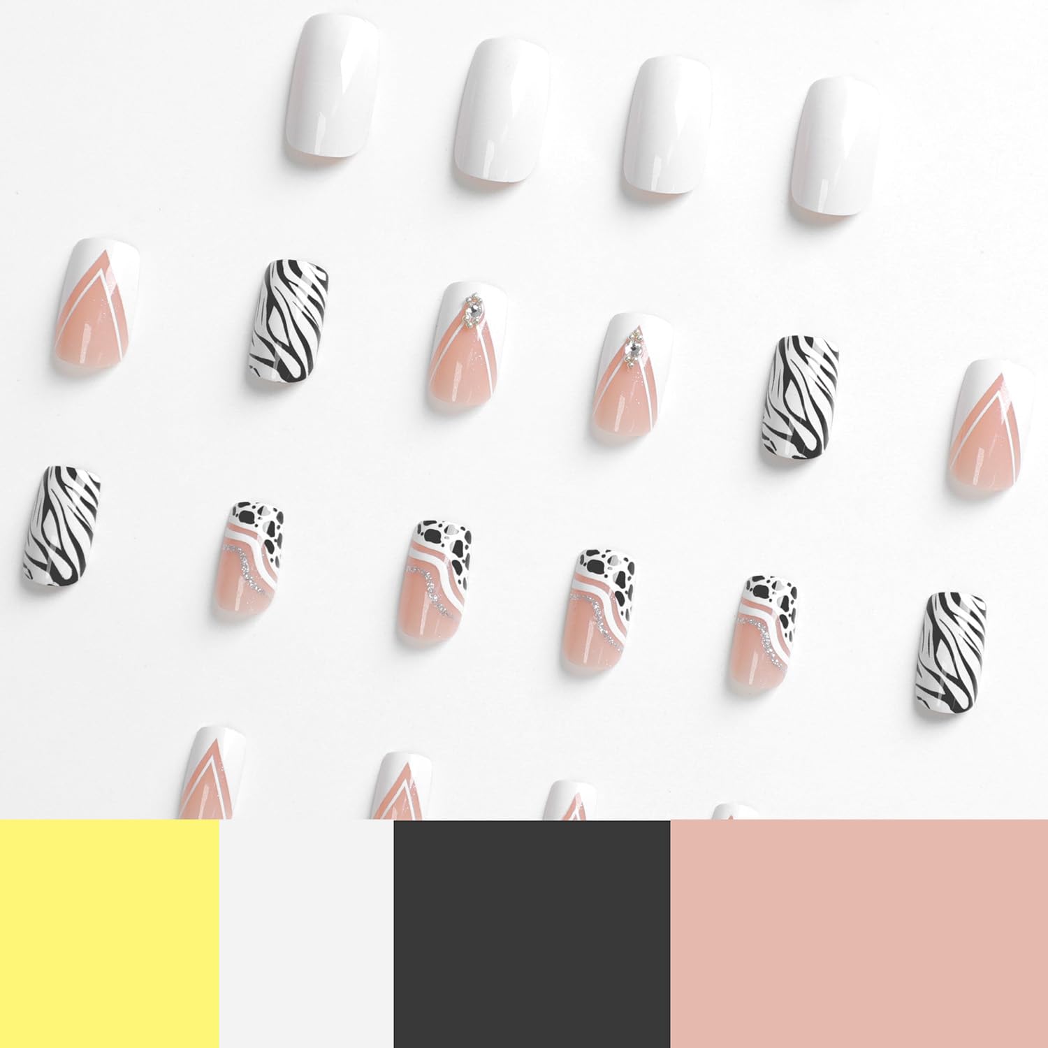 Press on Nails French 24Pcs Glossy Full Cover Medium Artificial Square False Nails with Cow Print Designs Glue Stick on Fingernails with Charm for Women Coffin Acrylic Fake Nails Sets - Image 2